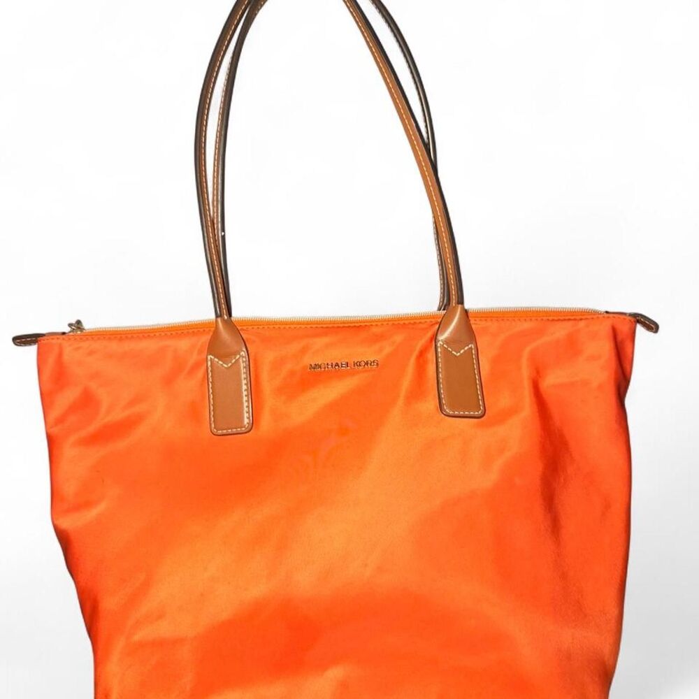 Michael Kors Orange Nylon Tote Shoulder Bag Brown Leather Trim Zip Top